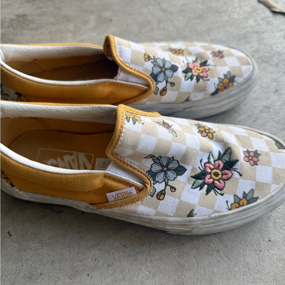 Vans Checkered Floral Slip-On Sneakers - Yellow and White
